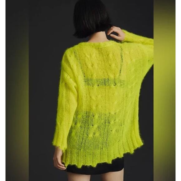 Anthropologie Posey Stitch Distressed Neon Yellow Y2K Layering Sweater Medium - Picture 3 of 4